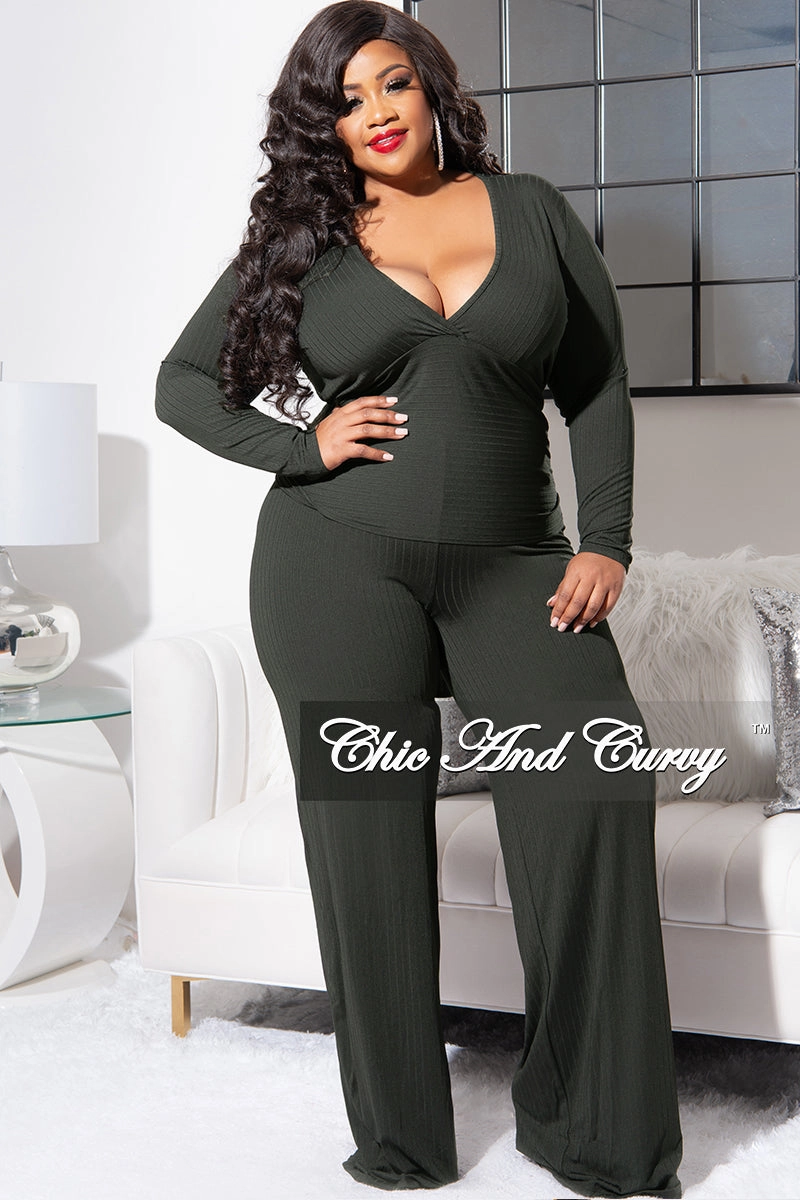 Final Sale Plus Size Ribbed 2pc Set with Peplum Front and Crop Back Top & Pants in Olive Clean Finish