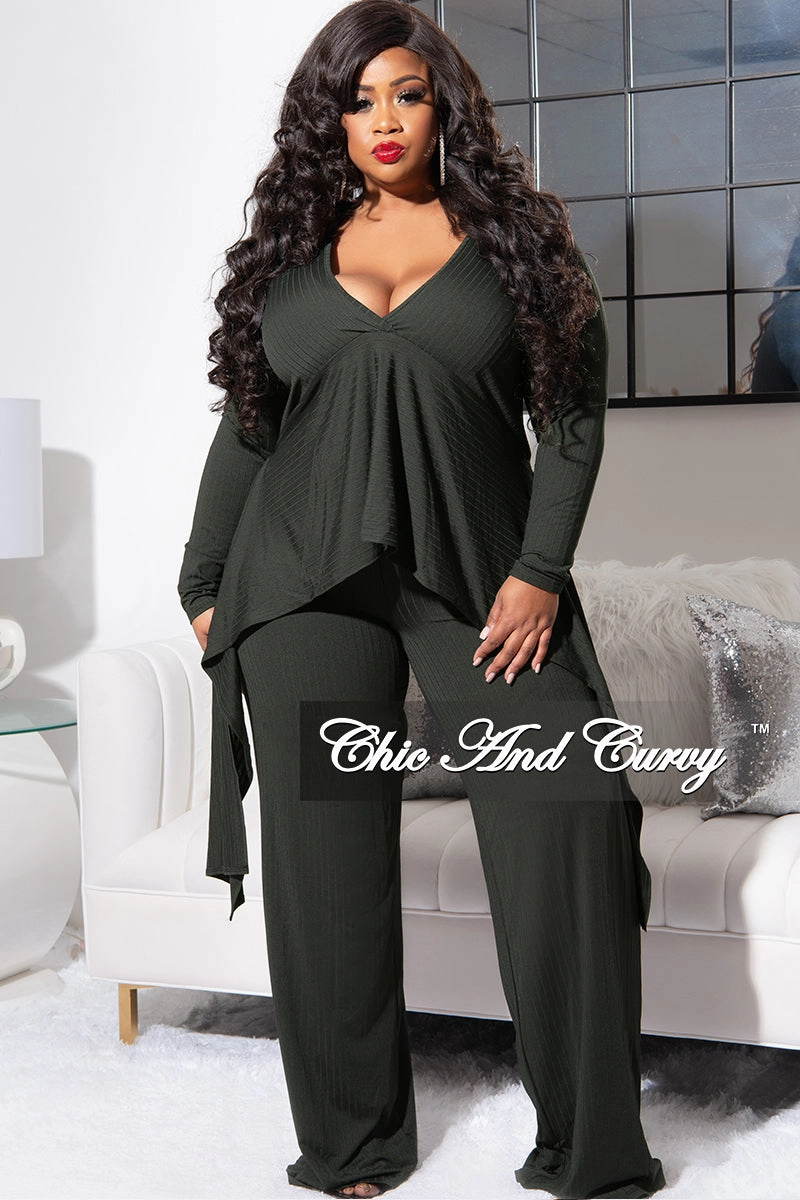 Body Contour Final Sale Plus Size Ribbed 2pc Set with Peplum Front and Crop Back Top & Pants in Olive
