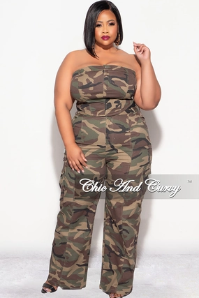 Relax Fit Design Final Sale Plus Size Strapless 2pc Top and Pants Set in Camo