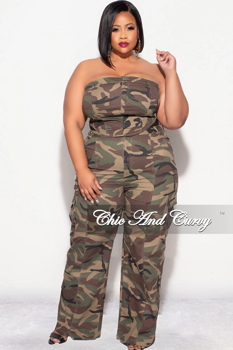 Relax Fit Design Final Sale Plus Size Strapless 2pc Top and Pants Set in Camo