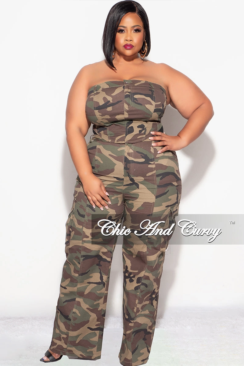 Final Sale Plus Size Strapless 2pc Top and Pants Set in Camo Dark wash