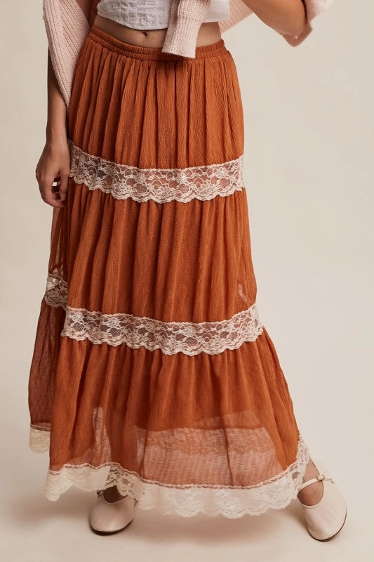 Gina Tiered Lace-trim Maxi Skirt Sporty Edge Laser Cut Edges