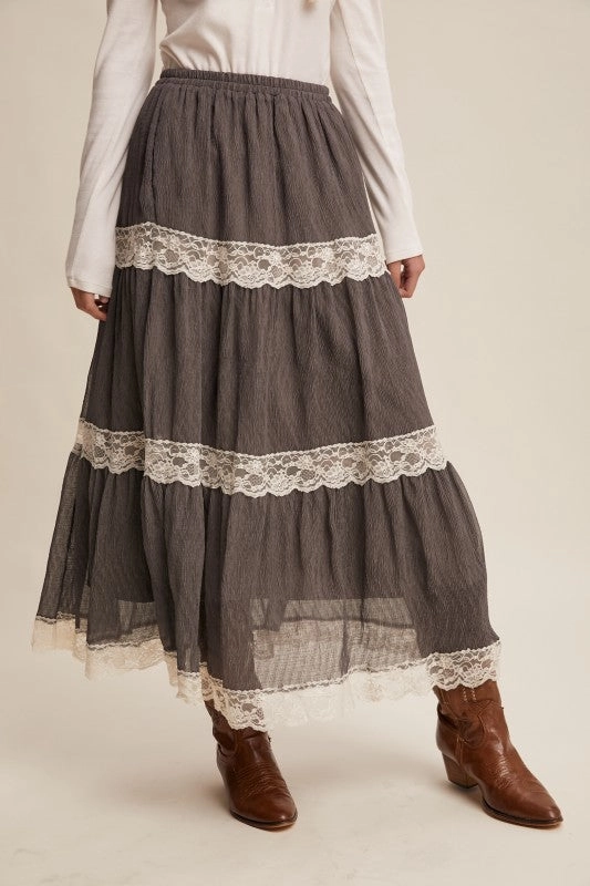 Gina Tiered Lace-trim Maxi Skirt Adjustable Hem music concert