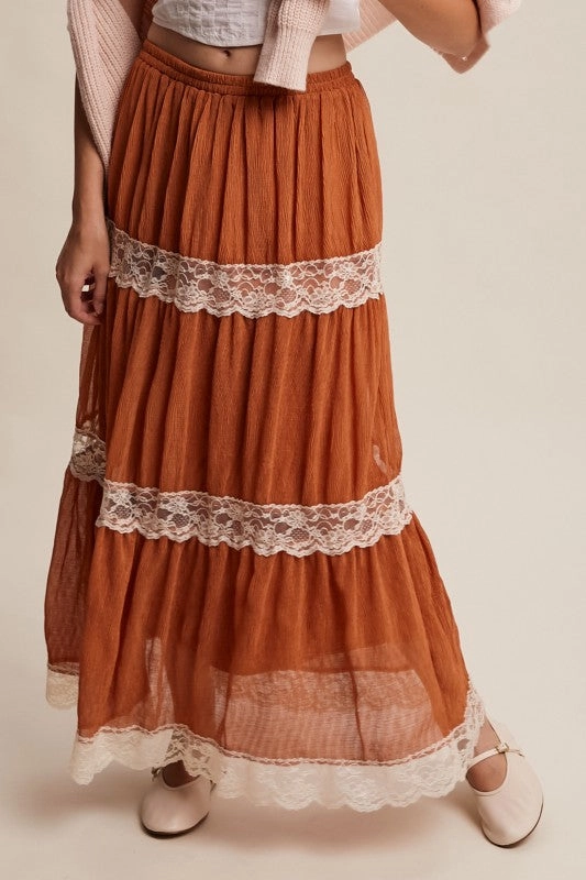Gina Tiered Lace-trim Maxi Skirt Knee Length