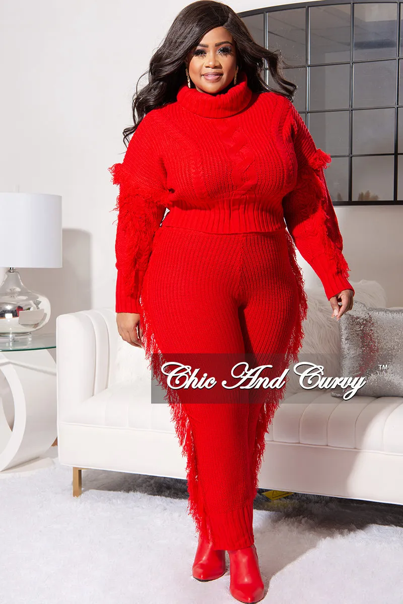 Sport Ready Body shaping Final Sale Plus Size 2pc Fringe Sweater Pants Set in Red