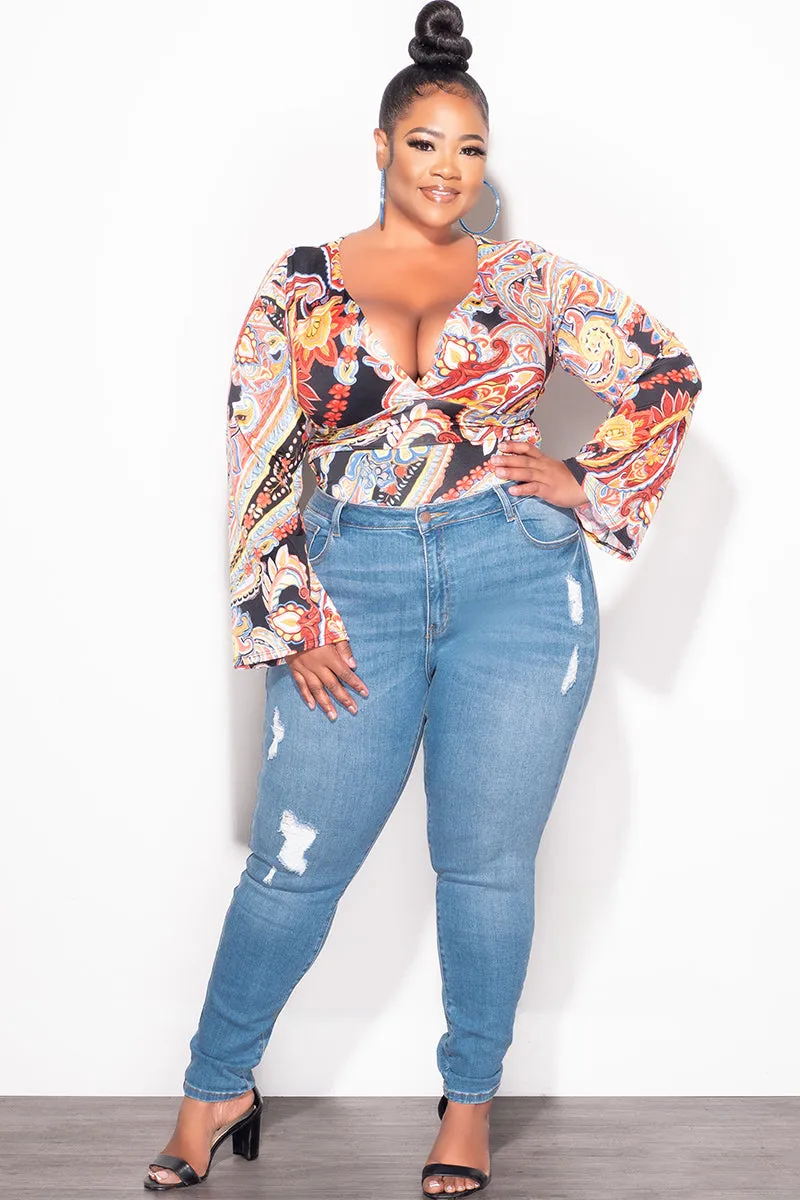 Final Sale Plus Size Faux Wrap Bodysuit in Black Multi Color Design Print Snag Proof Fabric