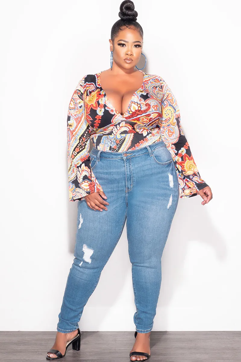 Slim Stretch Thermal Regulating Final Sale Plus Size Faux Wrap Bodysuit in Black Multi Color Design Print