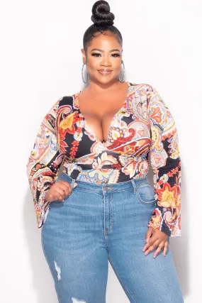 Final Sale Plus Size Faux Wrap Bodysuit in Black Multi Color Design Print Anti Static Lining