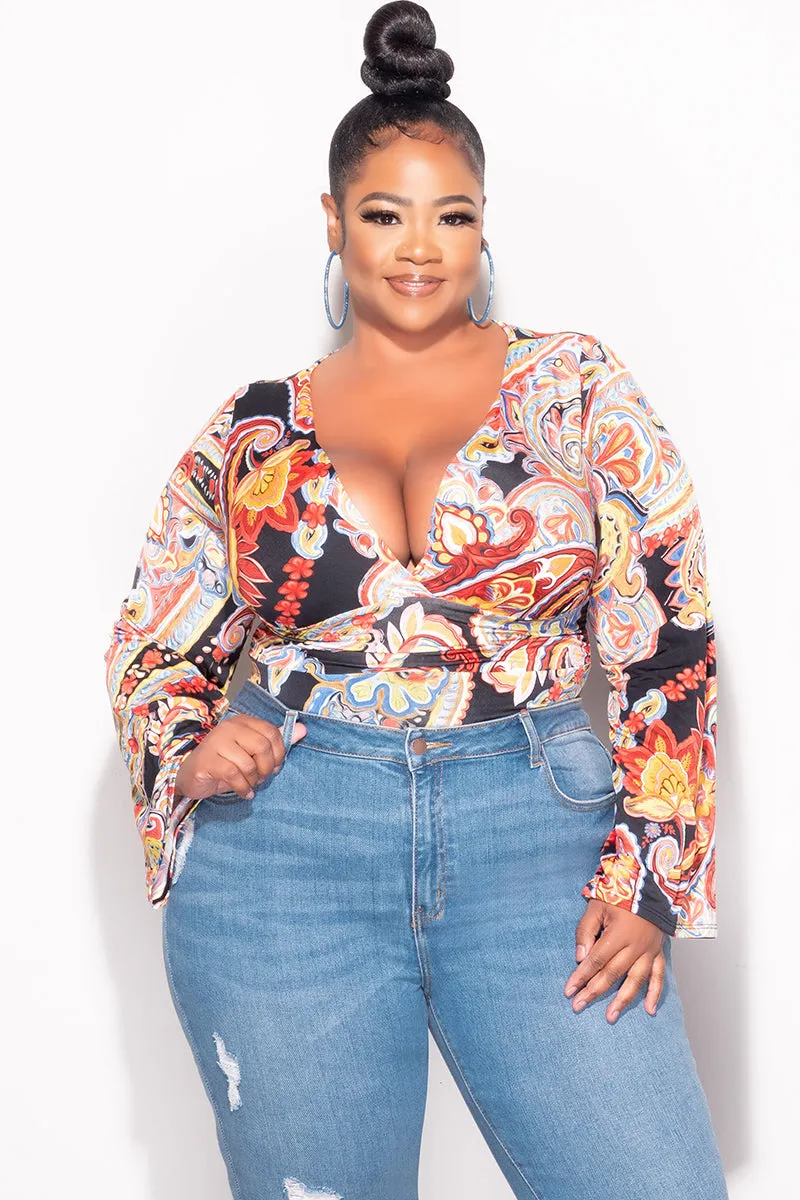 Final Sale Plus Size Faux Wrap Bodysuit in Black Multi Color Design Print Pocket Reinforcement