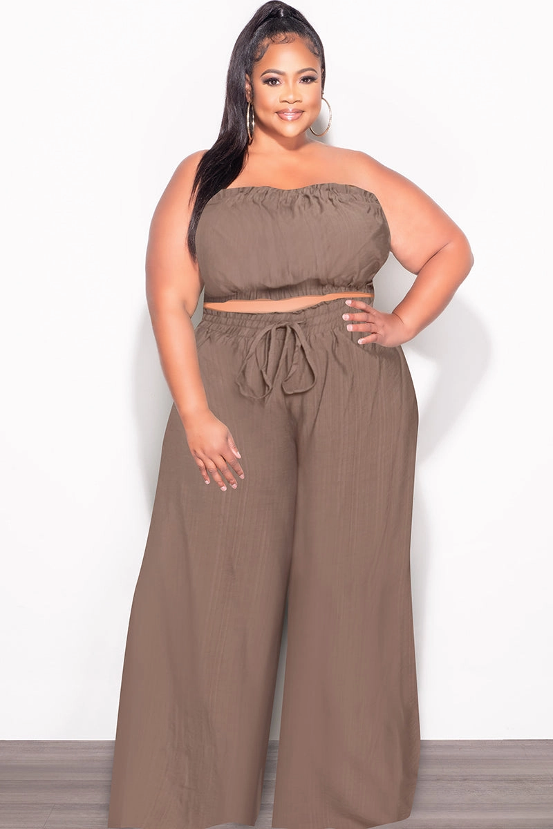 Final Sale Plus Size 2pc Strapless Crop Top and Flare Pants Set In Mocha Brown Outdoor Adventure Chic casual