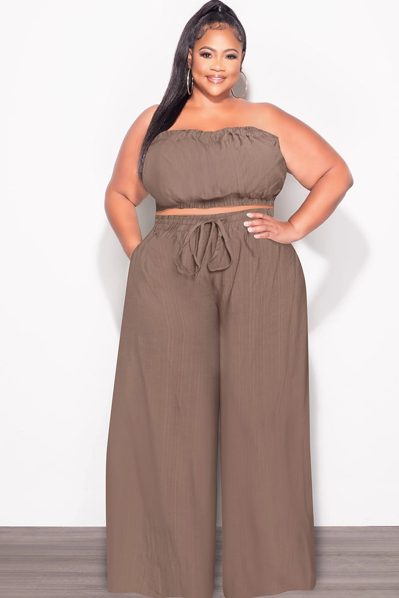 Final Sale Plus Size 2pc Strapless Crop Top and Flare Pants Set In Mocha Brown Fashion Staple