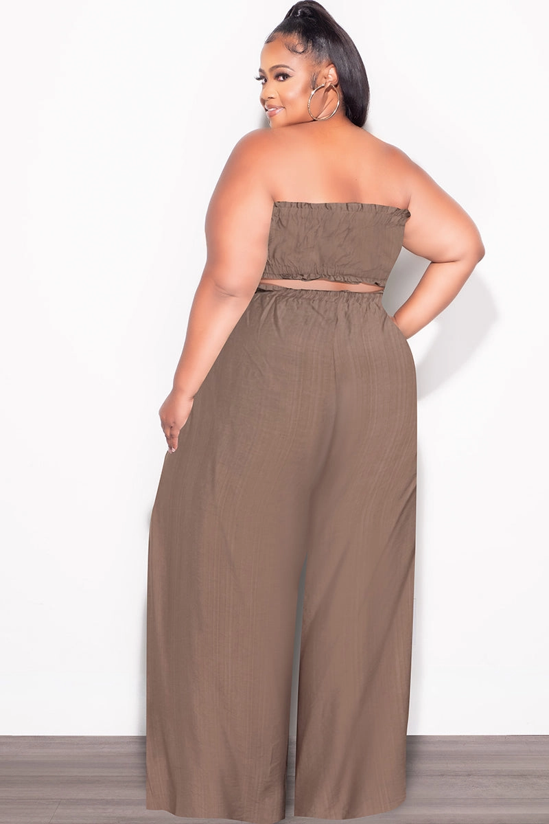 Final Sale Plus Size 2pc Strapless Crop Top and Flare Pants Set In Mocha Brown Full Comfort Eco Dye Process