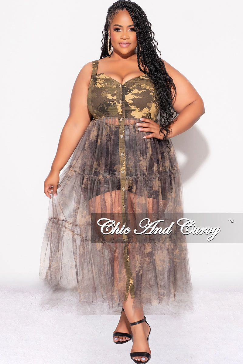 Final Sale Plus Size Sleeveless Button Up Top With Mesh Train In Camouflage Print Chafe-Free Fit