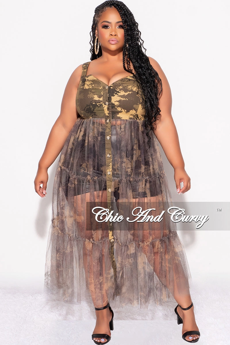 Final Sale Plus Size Sleeveless Button Up Top With Mesh Train In Camouflage Print Chilly Weather Fit