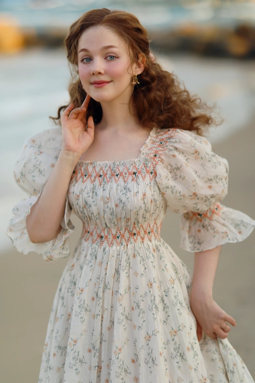 Cloud 21 | smocking embroidery linen dress Slim Fit Design