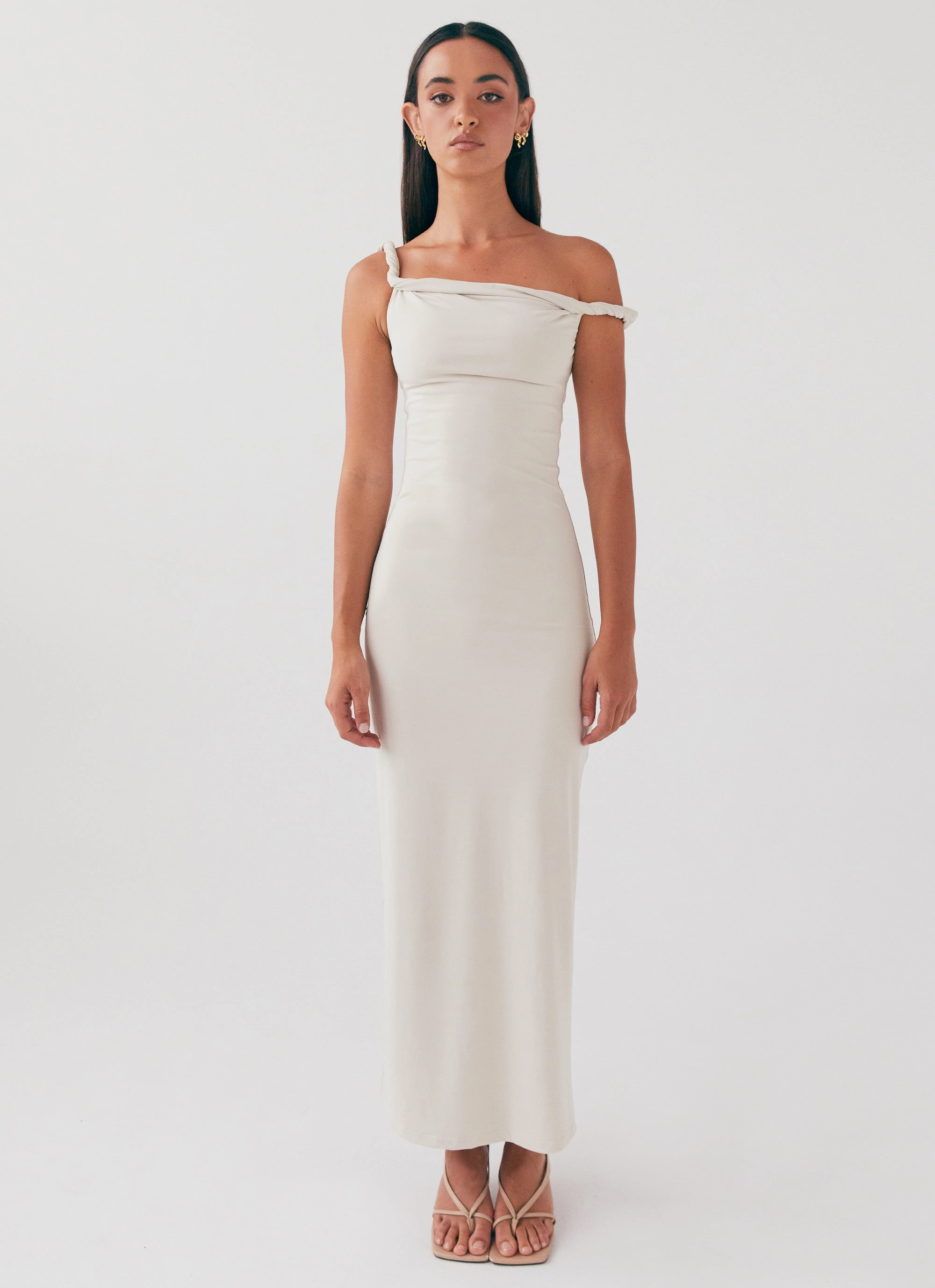 Petal Zone Gloss Accent Arabella Twist Shoulder Maxi Dress - Beige