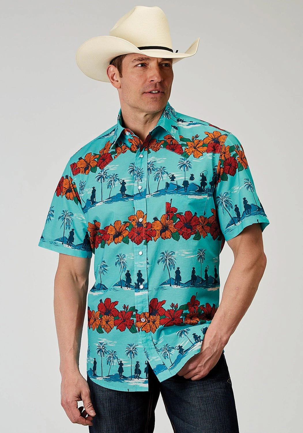 Roper Mens 1900 Hawaiian Blue 100% Cotton 1 Pkt S/S Shirt Handcrafted Detail