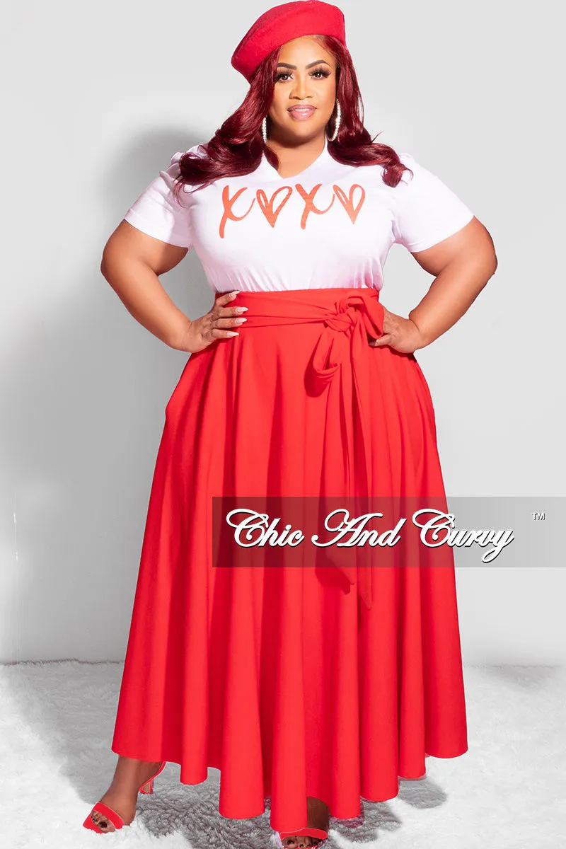 Anti Bacterial Treatment Final Sale Plus Size Long Maxi Skirt with Waist Tie in Red