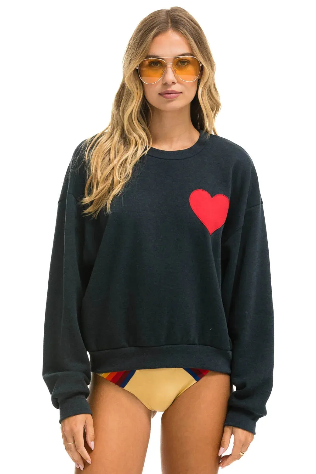 Aviator Nation Heart Stitch Relaxed Crew Sweatshirt - Charcoal Non Irritating Layered Knit Design