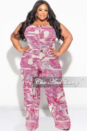 Final Sale Plus Size Cargo Jumpsuit in Fuchsia Design Print Move Comfort Chilly Comfort