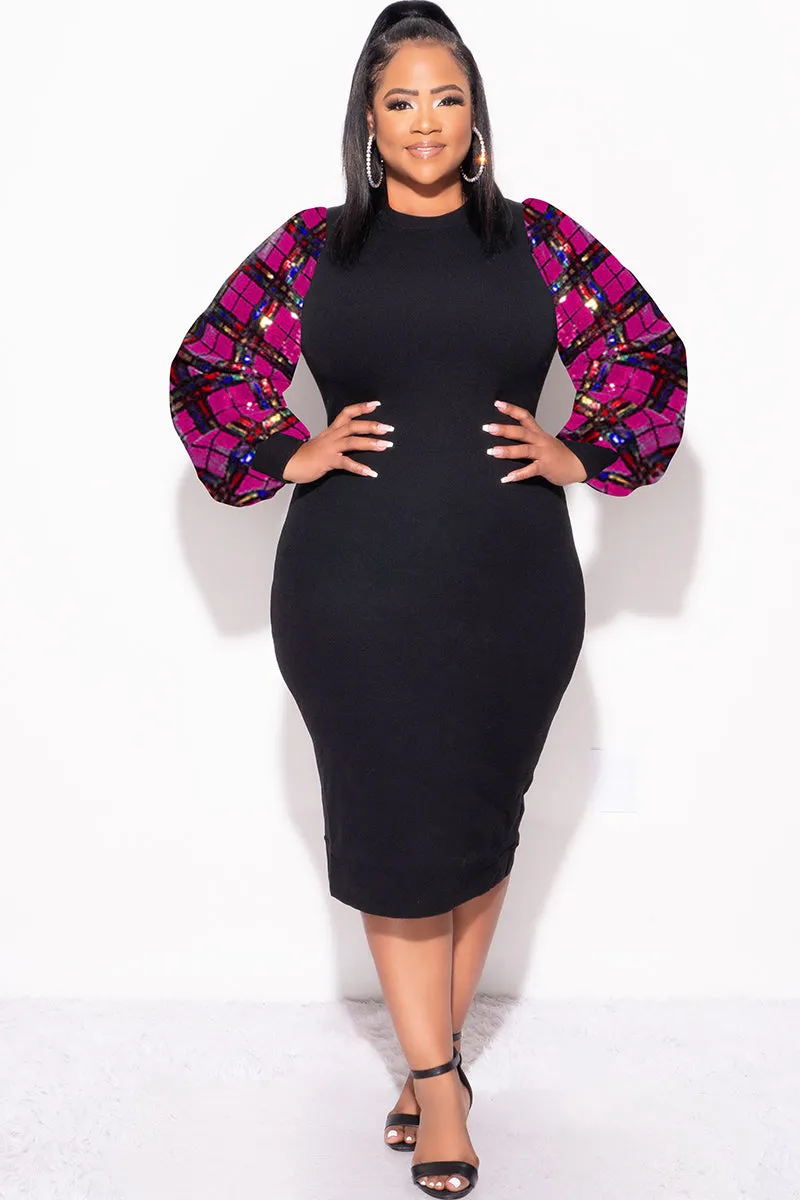 pilling resistant Final Sale Plus Size Mid Sweater Dress With Multi Color Sequin Sleeves in Black