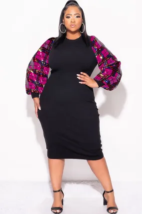 Dynamic Motion Final Sale Plus Size Mid Sweater Dress With Multi Color Sequin Sleeves in Black
