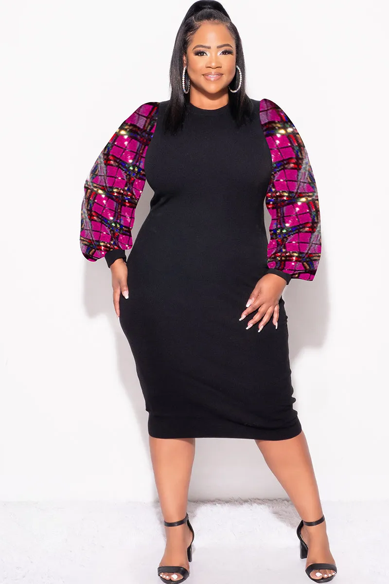 Non Clip Final Sale Plus Size Mid Sweater Dress With Multi Color Sequin Sleeves in Black