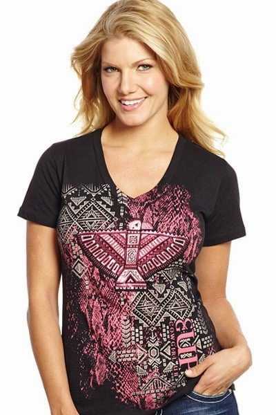 Interview Ready Cowgirl Up Womens Black Cotton S/S T-Shirt Tribal Foil V-Neck