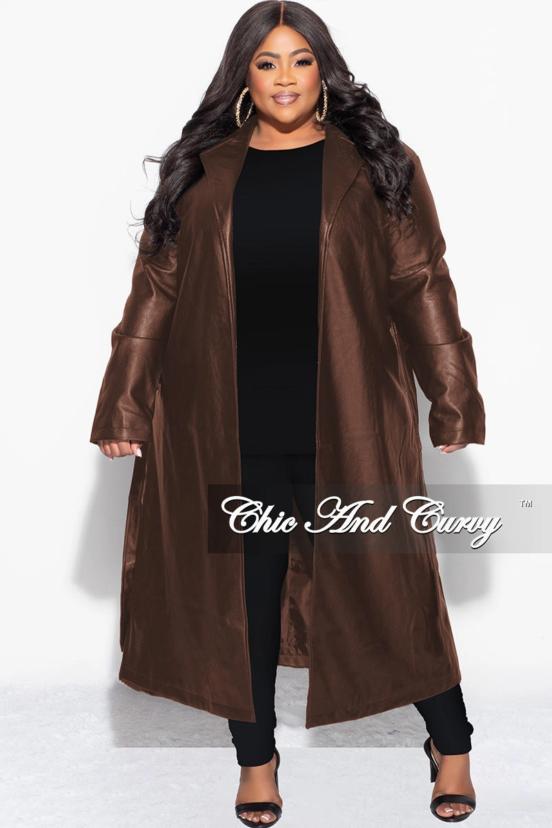 Cozy Comfort Final Sale Plus Size Vegan Leather Trench Coat with Tie in  Brown