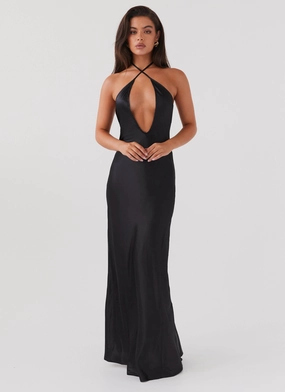 Noir Symphony Maxi Dress - Black Cool Draping Simple Spirit