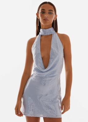 Nora Sequin Cowl Neck Mini Dress - Blue Quick Fit