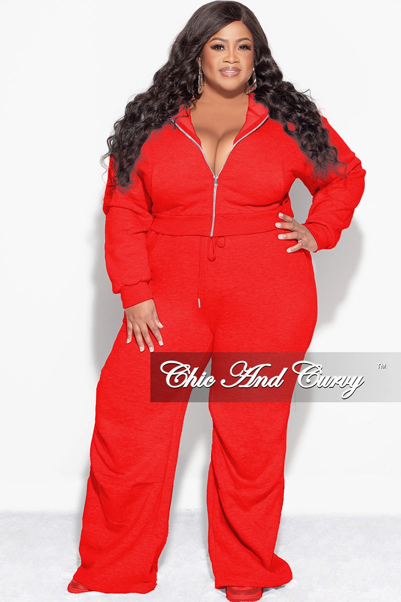 Comfortable Movement Final Sale Plus Size Plush 2pc Zip-Up Hooded Top and Wide Leg Pleated Lower Leg Sweatpants in Red