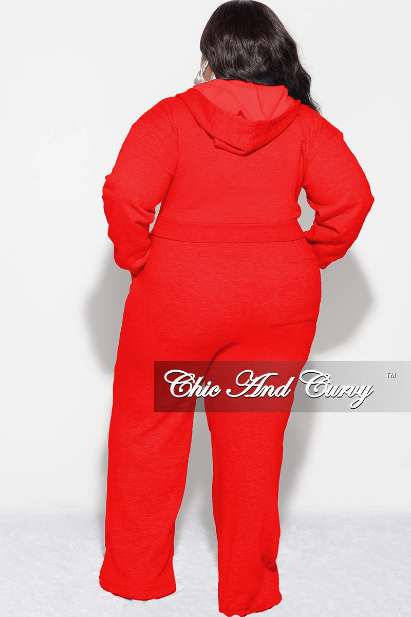 Fitted Style Final Sale Plus Size Plush 2pc Zip-Up Hooded Top and Wide Leg Pleated Lower Leg Sweatpants in Red