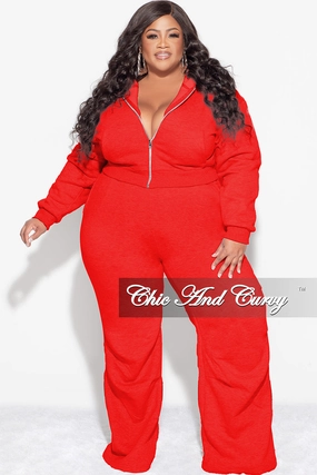 Final Sale Plus Size Plush 2pc Zip-Up Hooded Top and Wide Leg Pleated Lower Leg Sweatpants in Red Reinforced Seams Comfy Movement