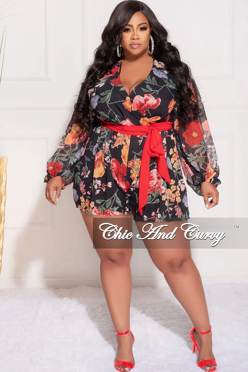 Final Sale Plus Size Faux Wrap Chiffon Romper in Black Multi Floral Print Travel Ready Fit