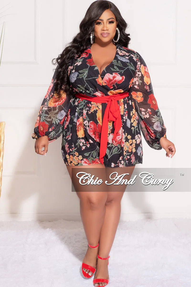 Quality Material Chafe Free Final Sale Plus Size Faux Wrap Chiffon Romper in Black Multi Floral Print