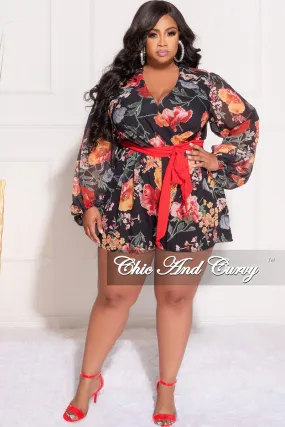 Sporty Cut Final Sale Plus Size Faux Wrap Chiffon Romper in Black Multi Floral Print