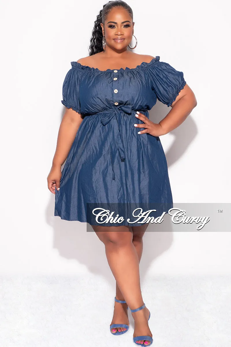 Final Sale Plus Size Off the Shoulder Dress with Tie in Chambray CompressionSupport Body Fit