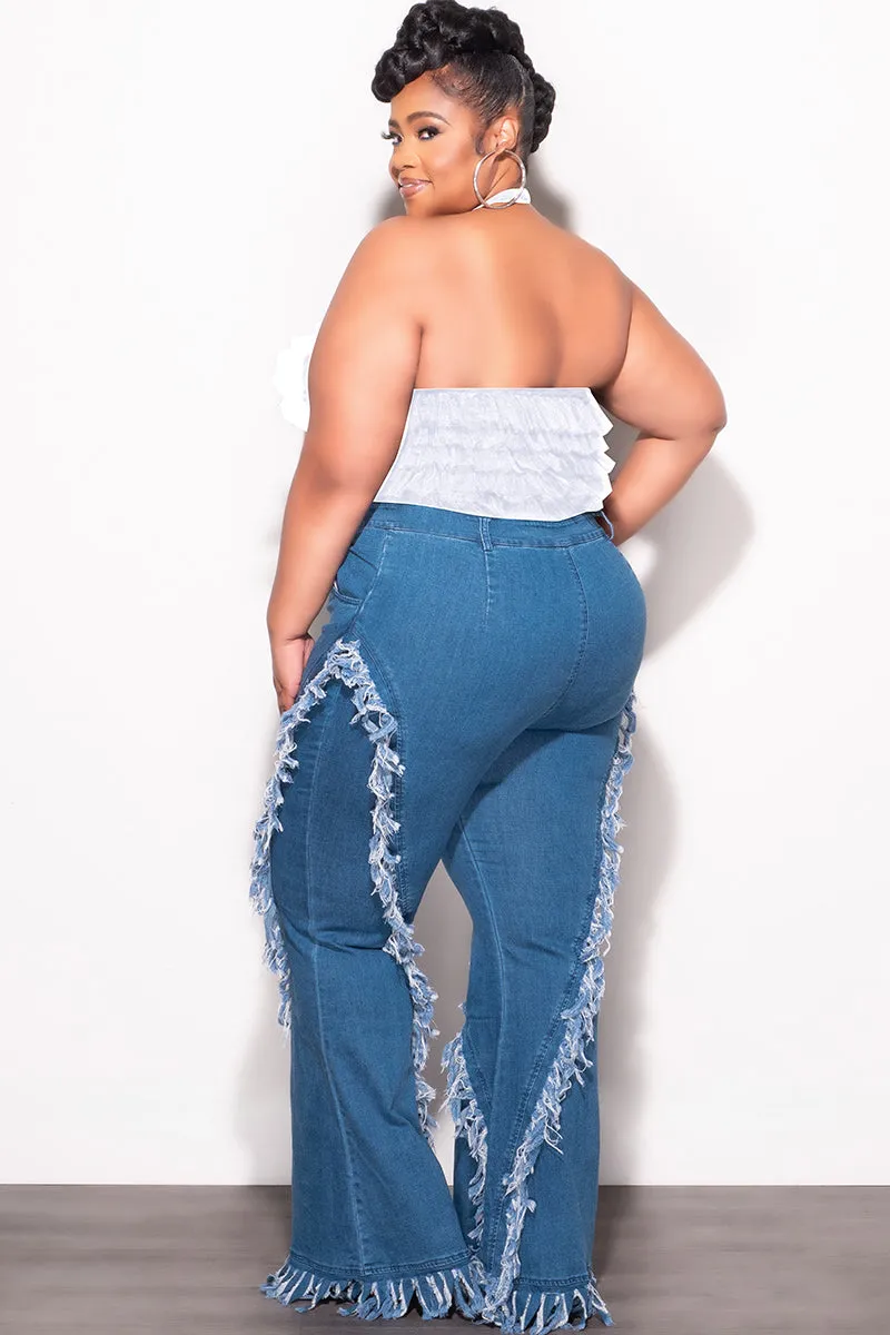 Durable Twill Final Sale Plus Size High Waist Fringe Trim Denim Jeans in Denim