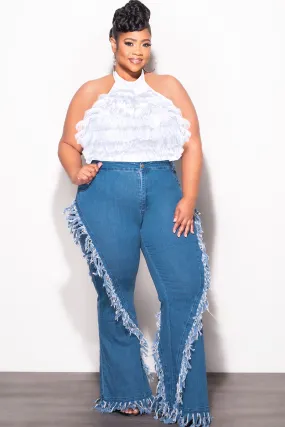Final Sale Plus Size High Waist Fringe Trim Denim Jeans in Denim Athletic Comfort Cozy Lining