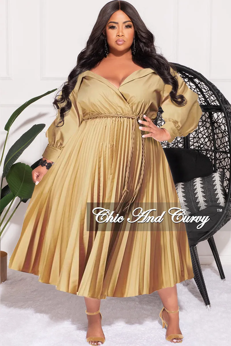 Freedom Move Final Sale Plus Size Off the Shoulder Collar Faux Wrap Dress with Bottom Pleats in Khaki Tan