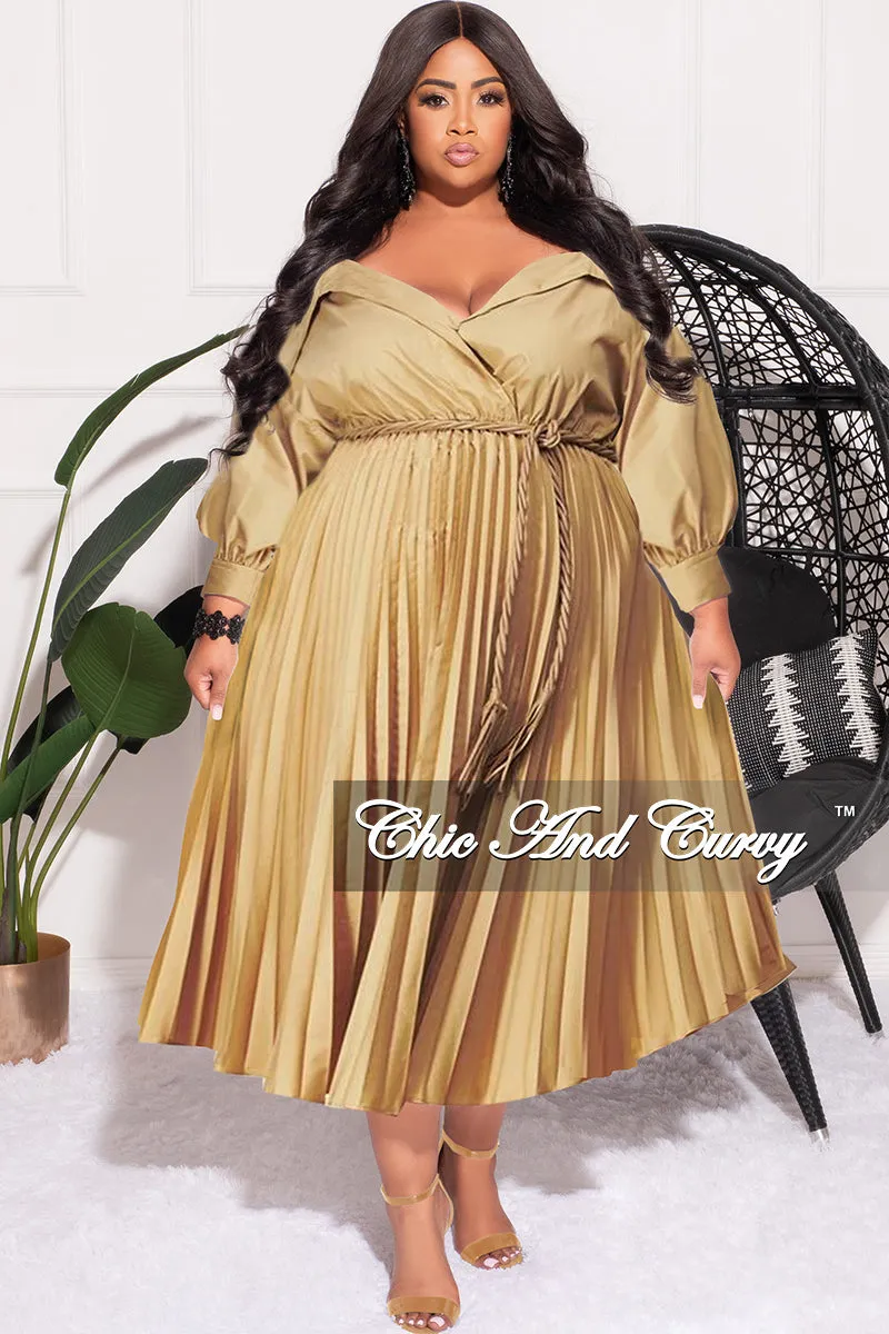 Sporty Look No Gap Waist Final Sale Plus Size Off the Shoulder Collar Faux Wrap Dress with Bottom Pleats in Khaki Tan