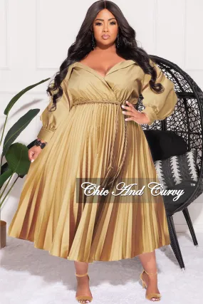 Freedom Move Final Sale Plus Size Off the Shoulder Collar Faux Wrap Dress with Bottom Pleats in Khaki Tan