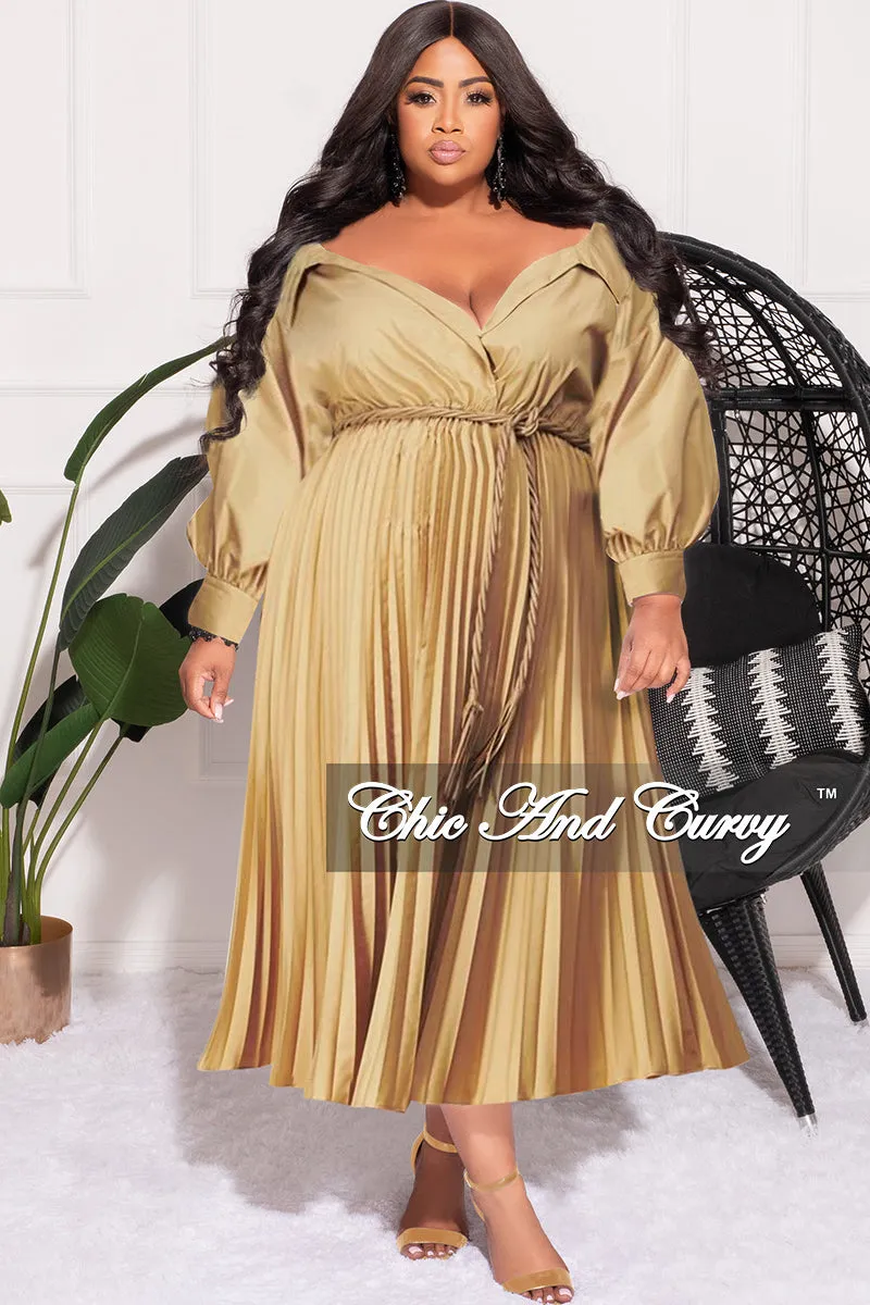 QuickDryTech smooth zipper Final Sale Plus Size Off the Shoulder Collar Faux Wrap Dress with Bottom Pleats in Khaki Tan