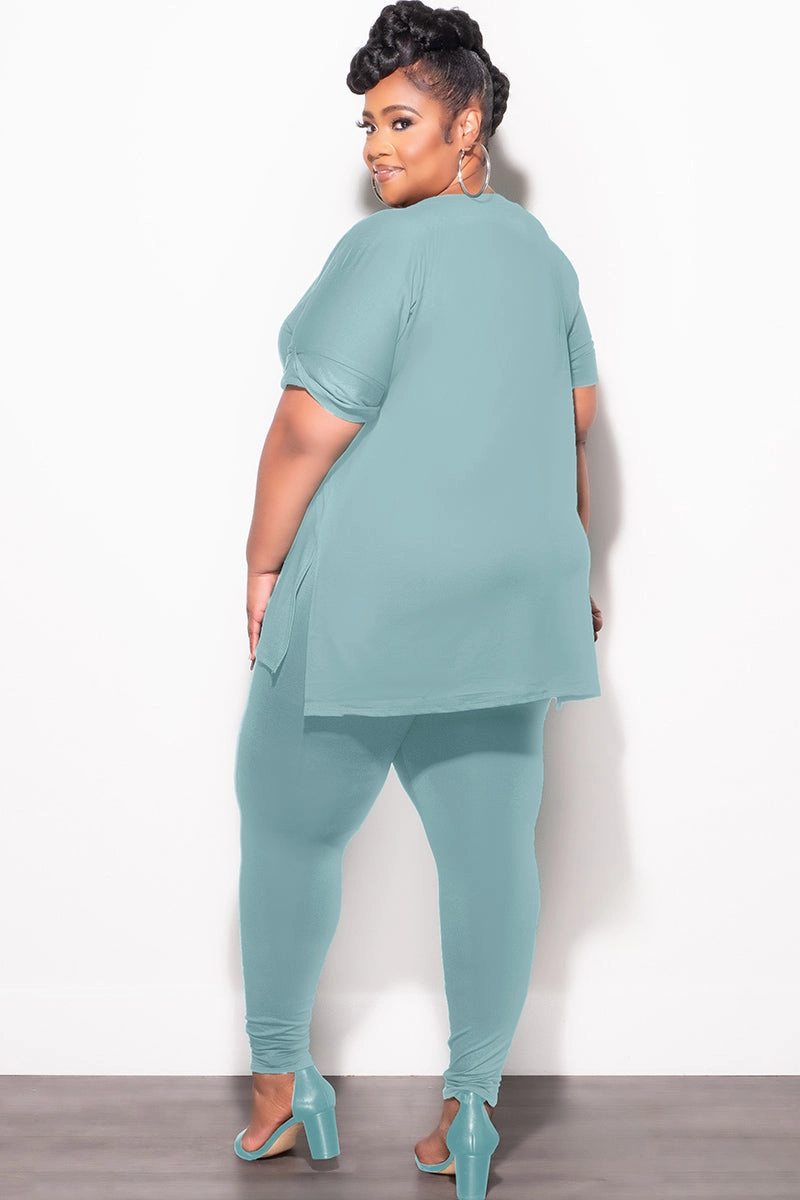 Final Sale Plus Size 2pc V-Neck Tunic Top and Matching Legging Set in Blue Grey luxe feel Chic Appeal