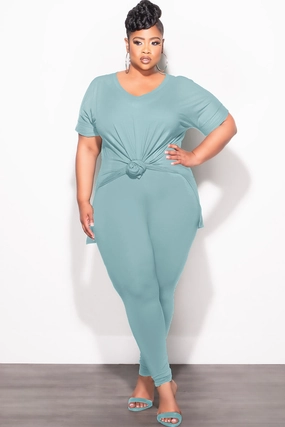 Stretchable Waist Final Sale Plus Size 2pc V-Neck Tunic Top and Matching Legging Set in Blue Grey