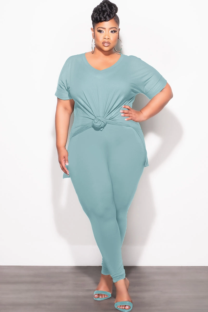 Stretchable Waist Final Sale Plus Size 2pc V-Neck Tunic Top and Matching Legging Set in Blue Grey