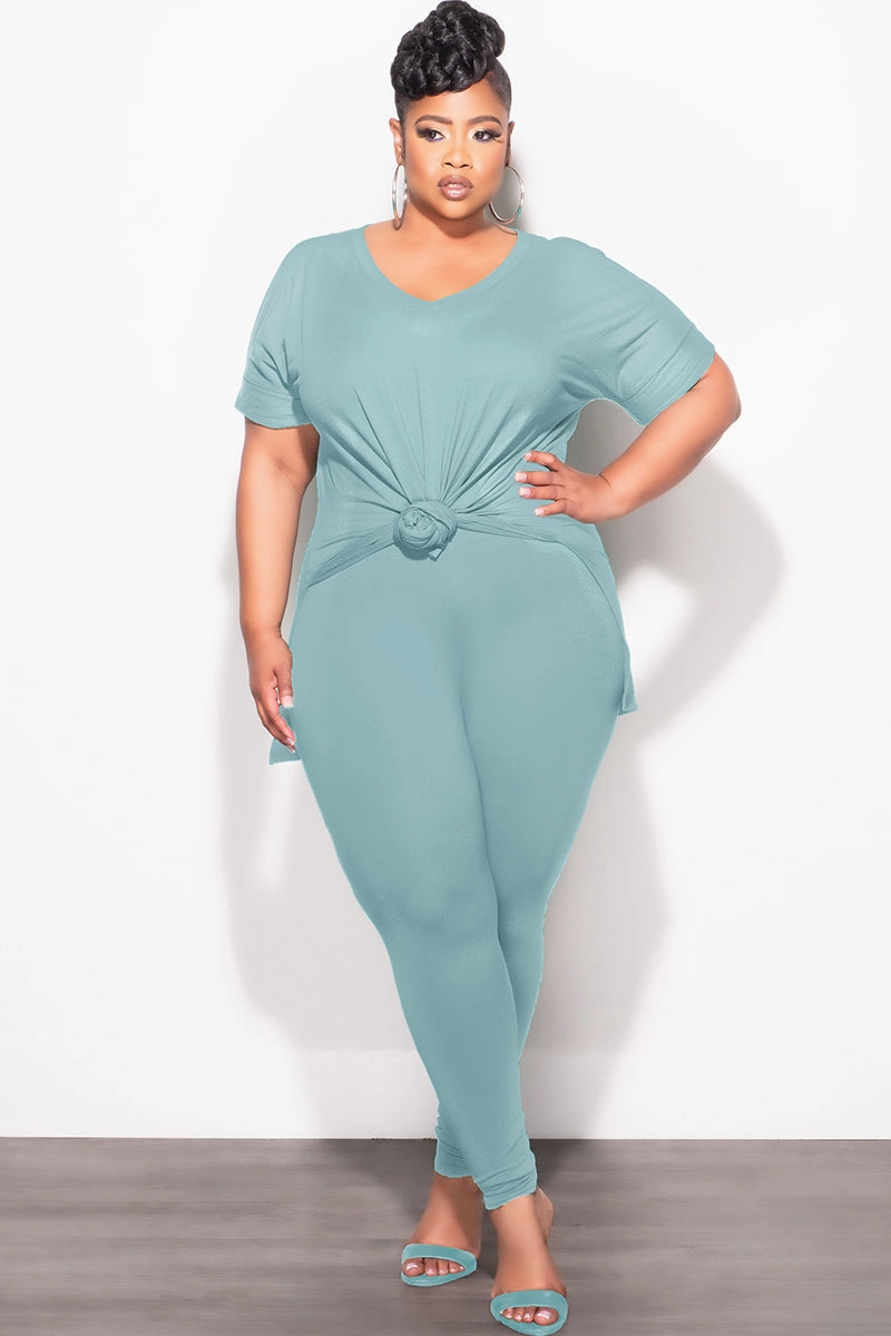 Final Sale Plus Size 2pc V-Neck Tunic Top and Matching Legging Set in Blue Grey Ripped design Refined fit