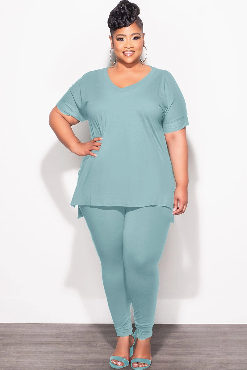 Classic Cut Final Sale Plus Size 2pc V-Neck Tunic Top and Matching Legging Set in Blue Grey