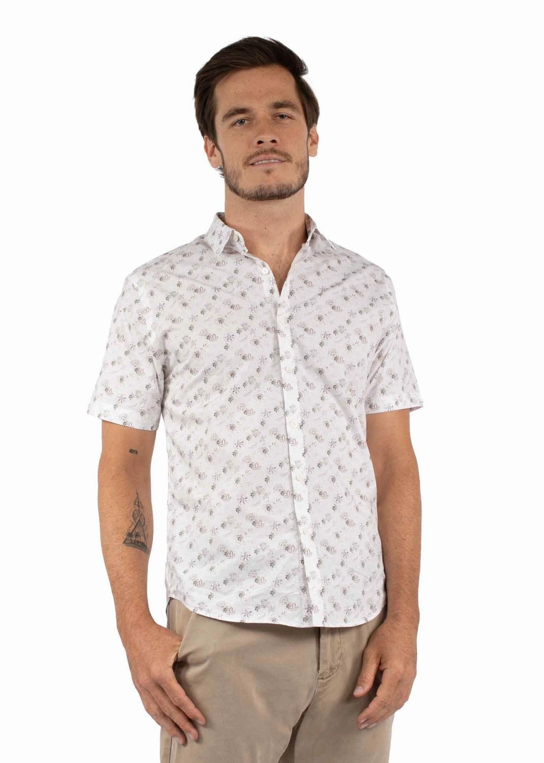 Scully Mens Egyptian Floral Ivory 100% Cotton S/S Shirt Asymmetrical Cut